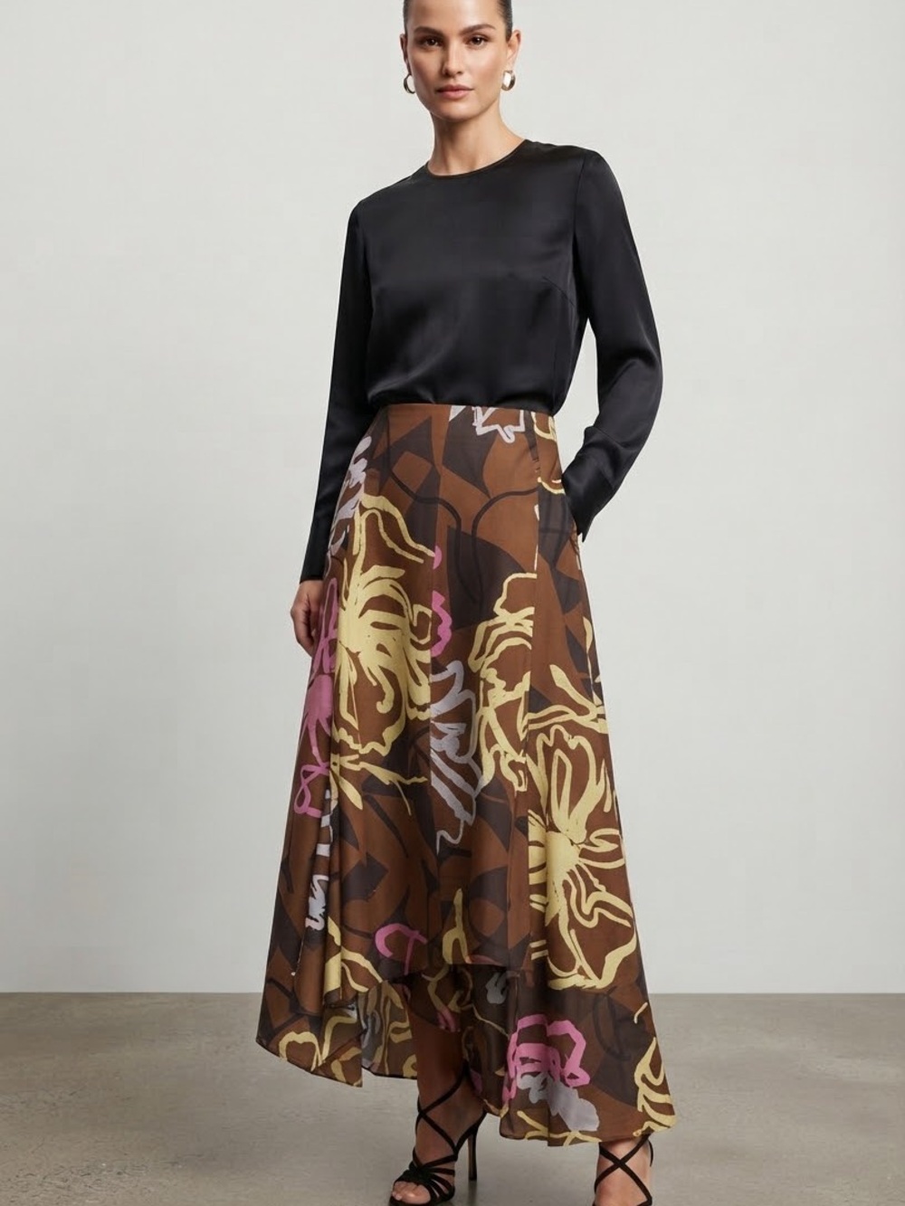 Zara Brown Floral Asymmetrical Midi Skirt with Cream & Pink Accents